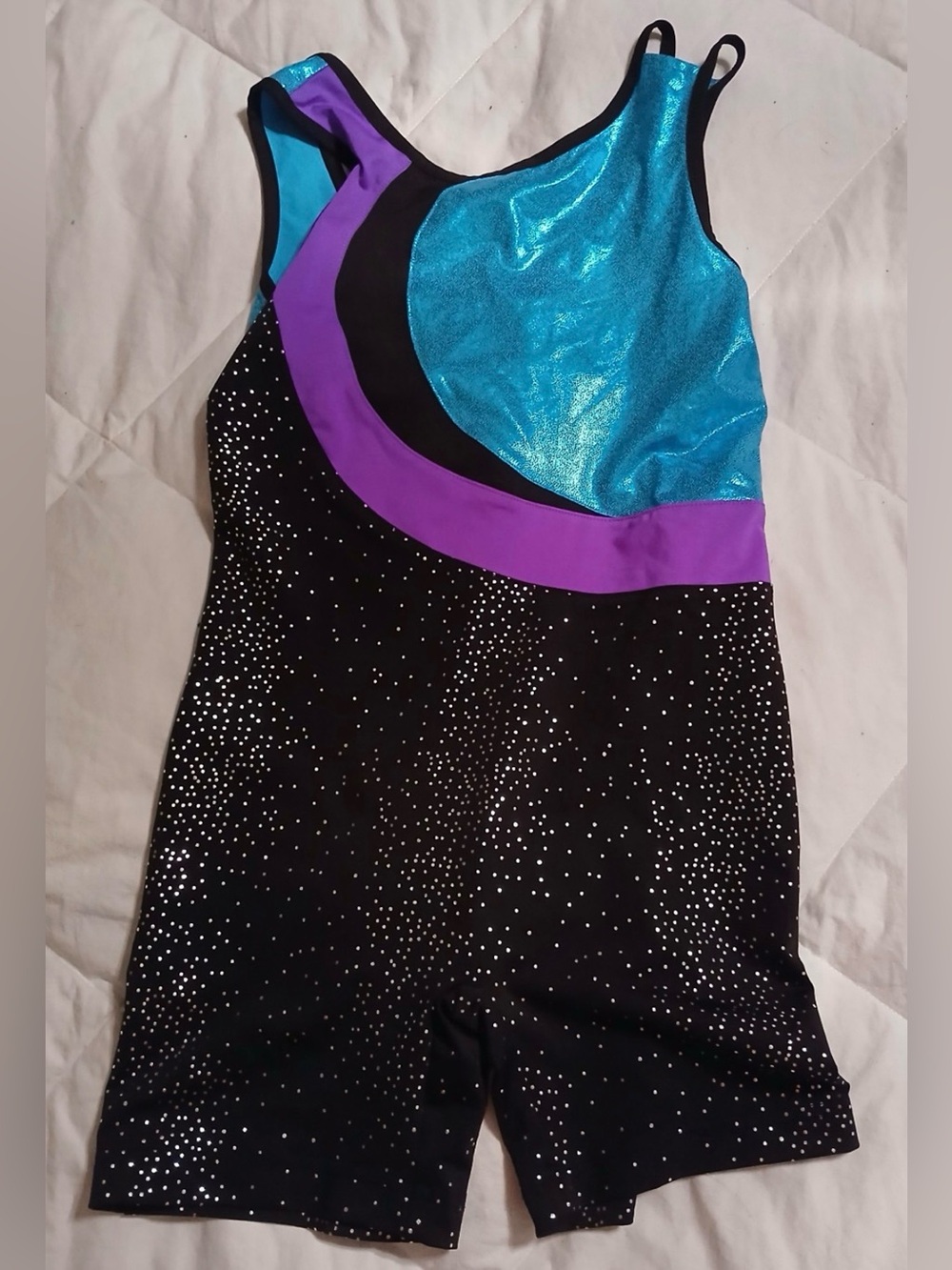Danskin Now Girls Biketard Gymnastics Dance Leotard Black Teal Purple L 10-12